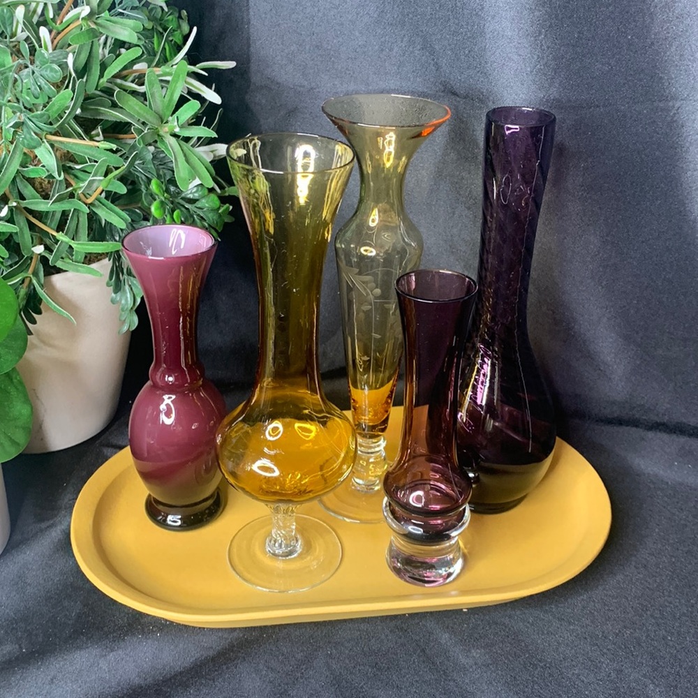 Vintage Amber and amethyst blown glass bud vase collection